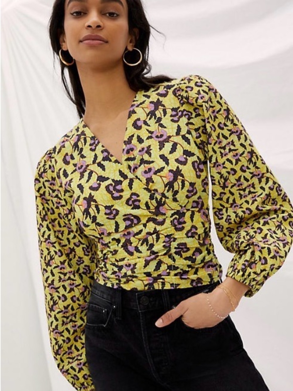 Anthropologie Lime Floral Wrap Blouse with Purple & Black Accents